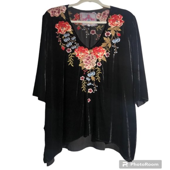 Johnny Was Tops - Johnny Was JWLA Black Velvet Embroidered Boho Tunic Top Size XL